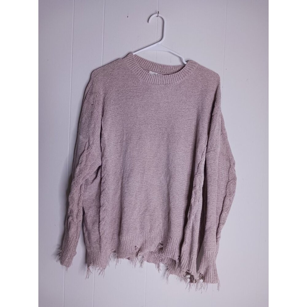 Earl Long Sleeve Oversized Knit Beige Frayed Sweater Women's Size S